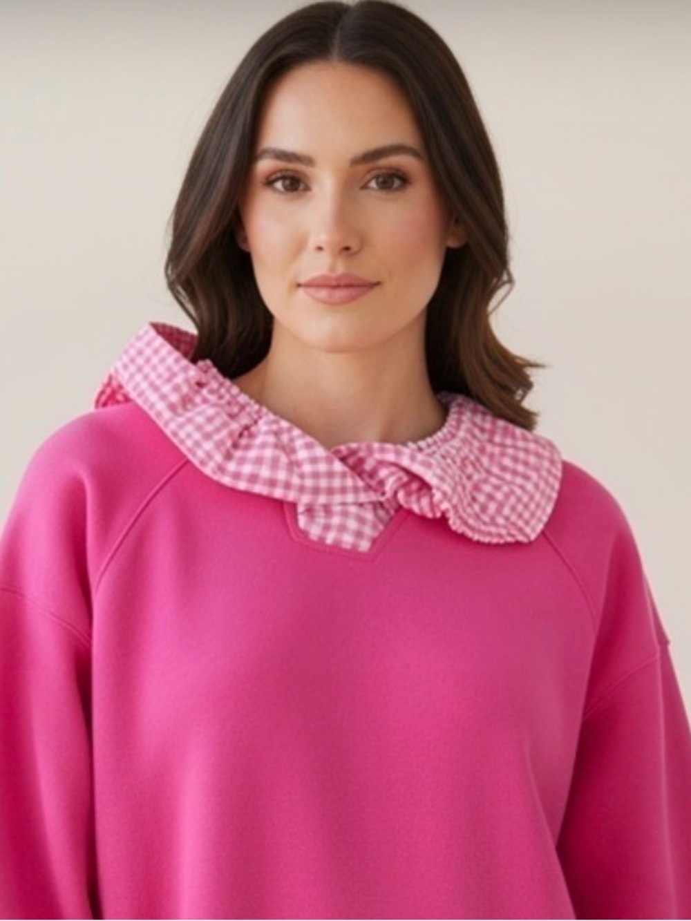 Elizabeth Wilson Fuchsia Knit Tunic with Gingham  Collar New